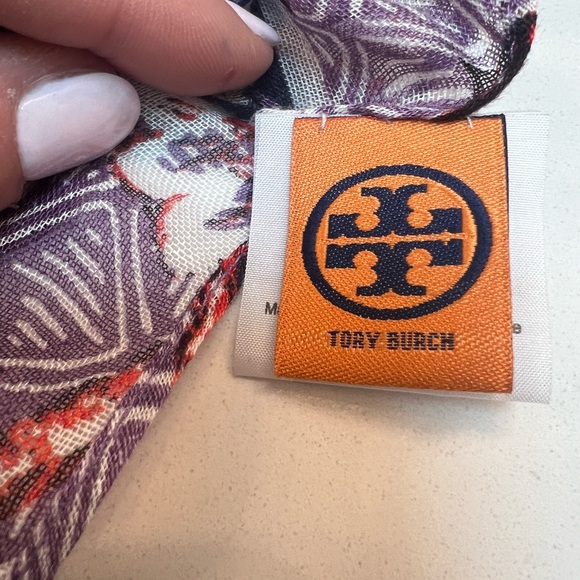 TORY BURCH Purple Floral Tassel Linen Blend Scarf - Picture 6 of 7